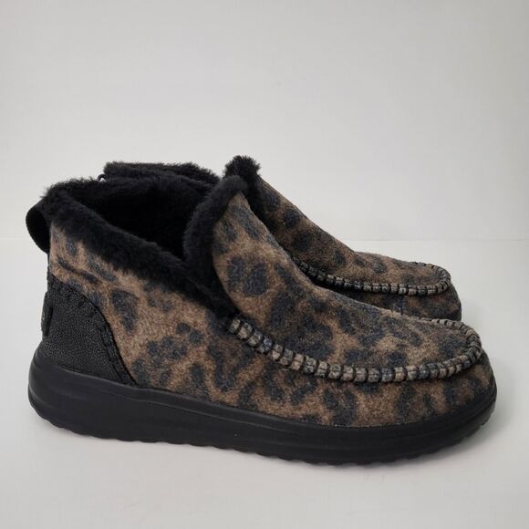 HEY DUDE Denny Leo Nut Boots Womens 9 Black Booties Leopard Faux Fur Lined - Picture 1 of 9